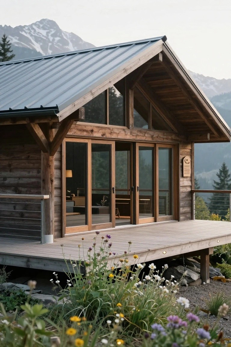 A compact wooden cabin with dark sloped metal roof, timber cladding, large wooden-framed sliding glass doors, and elevated wooden deck surrounded by wildflowers and rocks against a mountain backdrop.