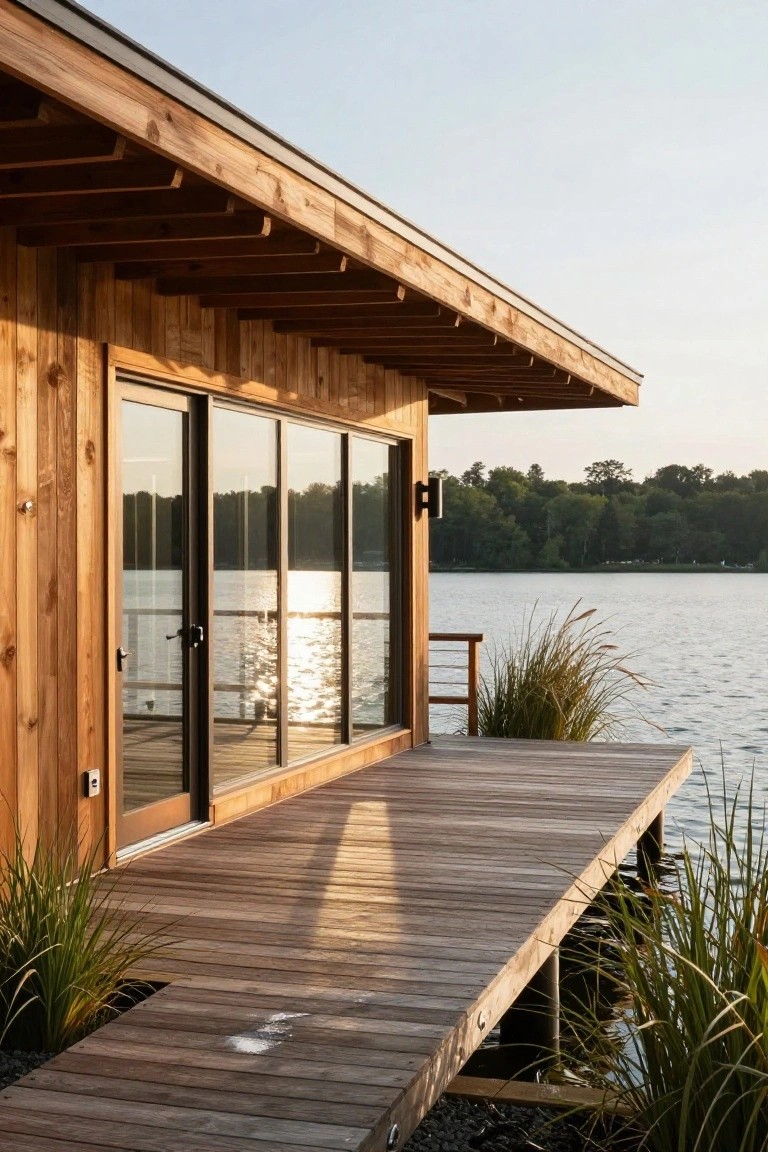 Side view of a modern wooden house constructed on a pier over a lake, with vertical cedar cladding, large sliding glass doors, overhanging roof, wooden deck, tall grasses, and trees in the background at sunset.
