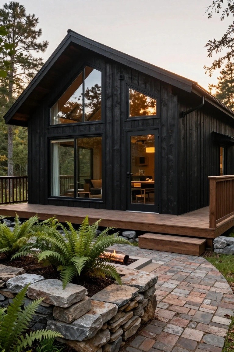 Black wooden cabin with gabled roof, large triangular window, sliding glass doors, wooden deck, surrounded by pine trees and ferns, stone wall with fire pit and brick path in foreground.