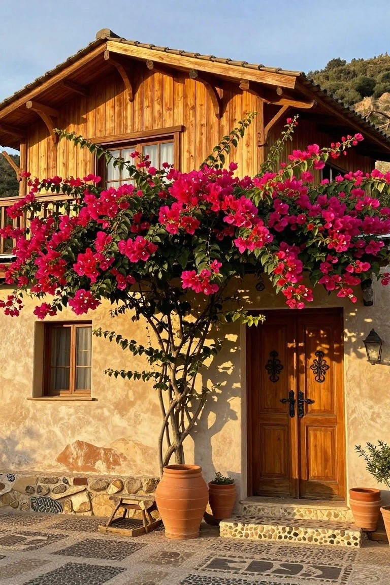 Wooden house exterior with pink bougainvillea vines climbing the upper timber-clad facade, wooden double doors at entry, terracotta pots, stone bench, and pebbled pathway in foreground against hillside backdrop.