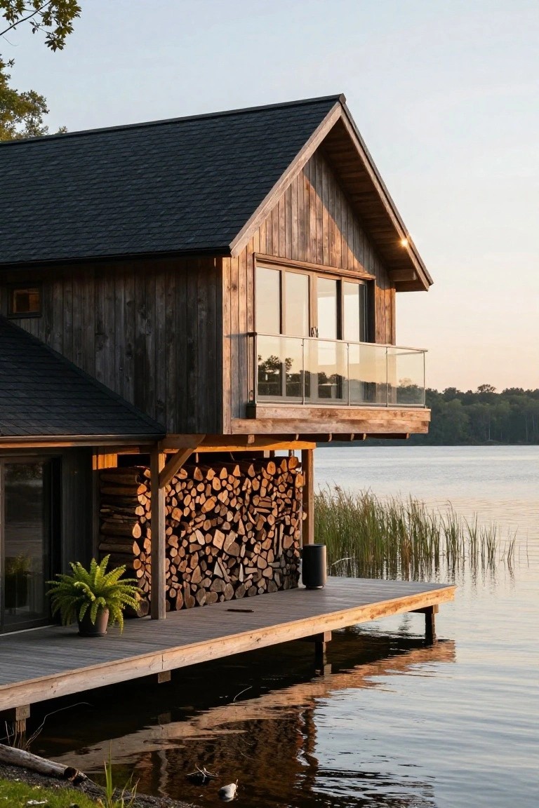 Wooden cabin elevated on pilings beside a lake, featuring dark shingled roof, large glass windows and balcony, tall stacks of firewood under the structure, a potted plant, and a wooden dock extending over the water.