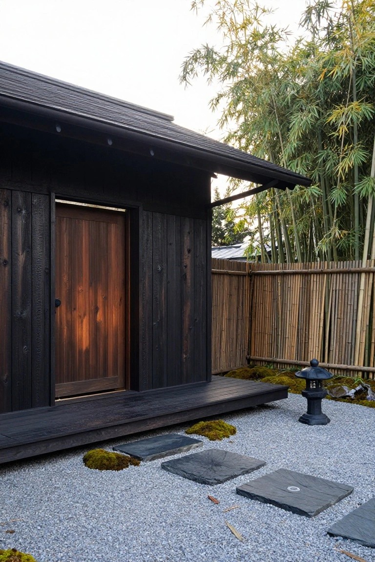 Small dark charred wood pavilion with open reddish-brown wooden door, elevated wooden deck, gravel yard with moss patches, dark stone pavers, black stone lantern, bamboo fence, and tall bamboo plants.