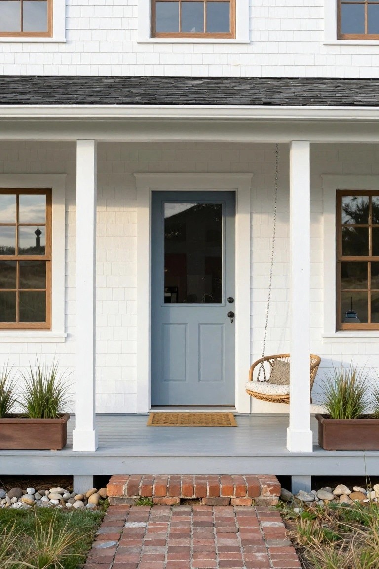 Front view of a white clapboard house with black shingle roof, featuring a covered porch with white columns, blue glass-paneled front door, hanging wicker swing chair, potted grasses on porch, and brick pathway with gravel edging.