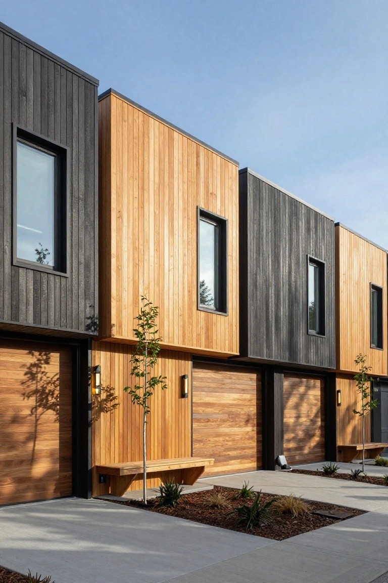 Four attached modern townhouses with facades in dark charred vertical wood cladding alternating with light natural wood, slim black-framed windows, wooden garage doors, young trees, a wooden bench, and gravel planting beds in front on a concrete pavement.