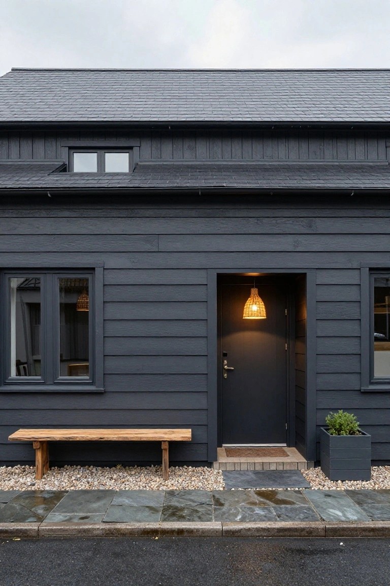 Front exterior of a dark gray wood-clad house with slate roof, black door lit by a hanging woven lantern, wooden bench to the side, potted plant, gravel path, and wet stone paving.