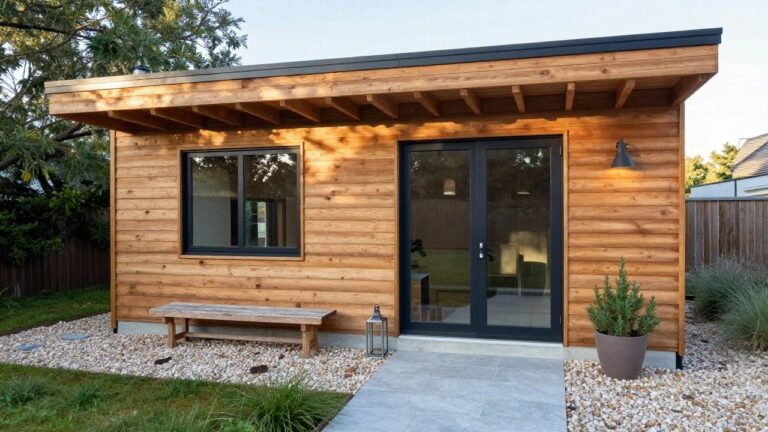 18 Stunning Wooden House Design Ideas for a Warm Nature-Inspired Home Side exterior of a modern house with vertical wooden plank cladding, black-framed sliding glass doors and window, wooden bench, potted plant, lantern, slate stepping stone path through gravel and grasses leading to concrete entry step.
