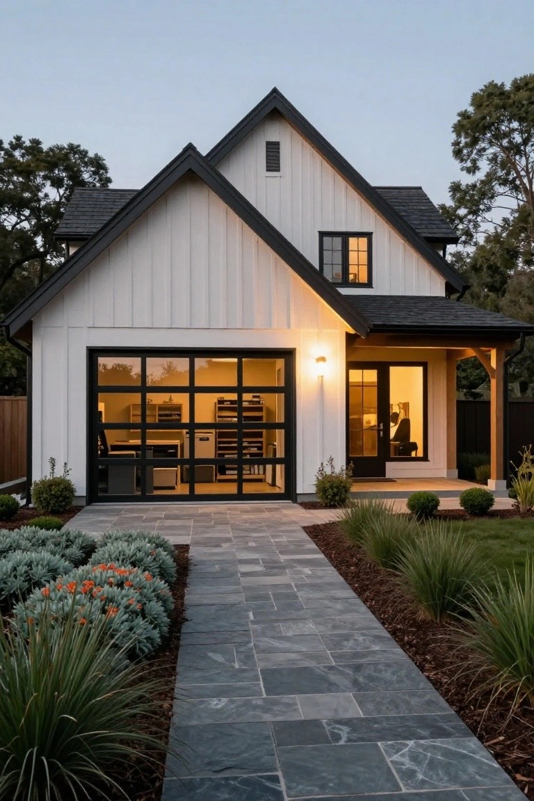 Front exterior view of a two-story white board-and-batten house with black roof and trim, featuring a large glass-paneled garage door revealing an interior workspace with desks and shelves, a side entry door, stone walkway, and drought-tolerant plants.