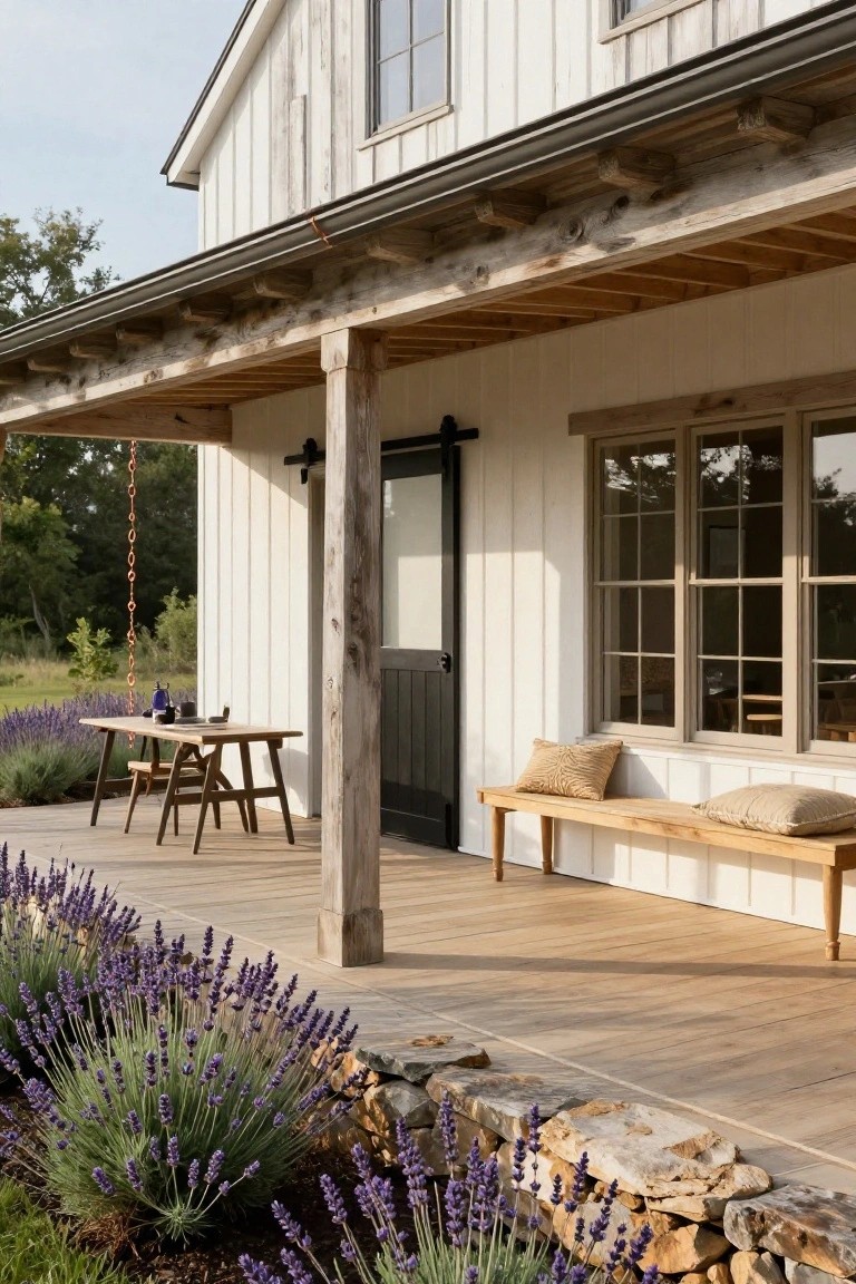 White board-and-batten house with covered wooden porch, black sliding barn door, wooden farm table with chairs, built-in bench under windows, and lavender plants along the porch edge next to a stone wall.