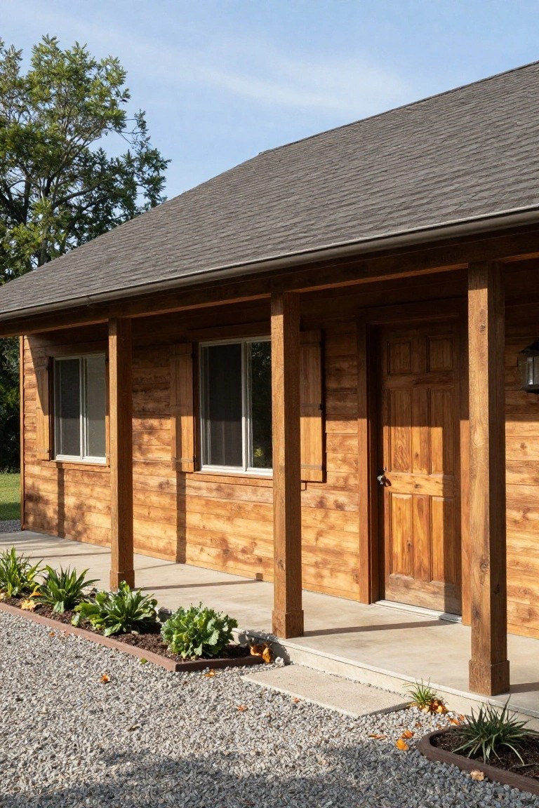Side exterior of a wooden house with dark shingle roof, covered porch supported by timber posts, wooden door and shuttered windows, gravel ground, and low plants along the base.