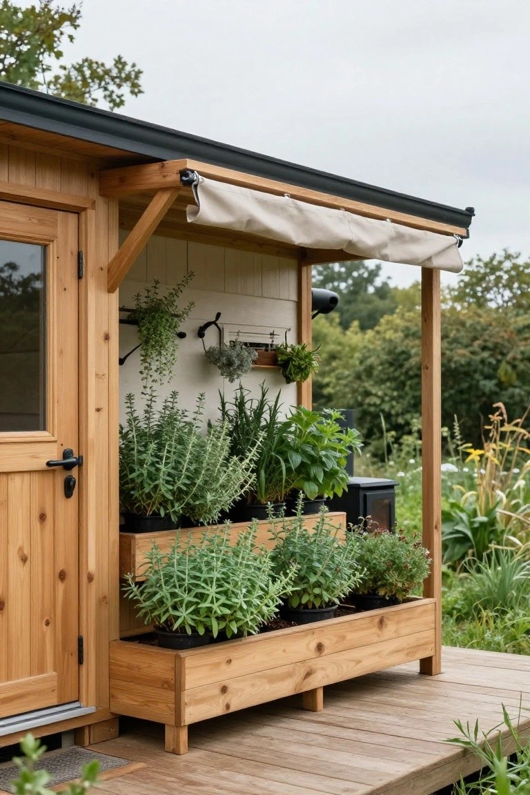 Wooden cabin exterior with a covered porch featuring tiered wooden planters filled with herbs, hanging plants on the wall, a beige fabric awning, and a deck surrounded by greenery.