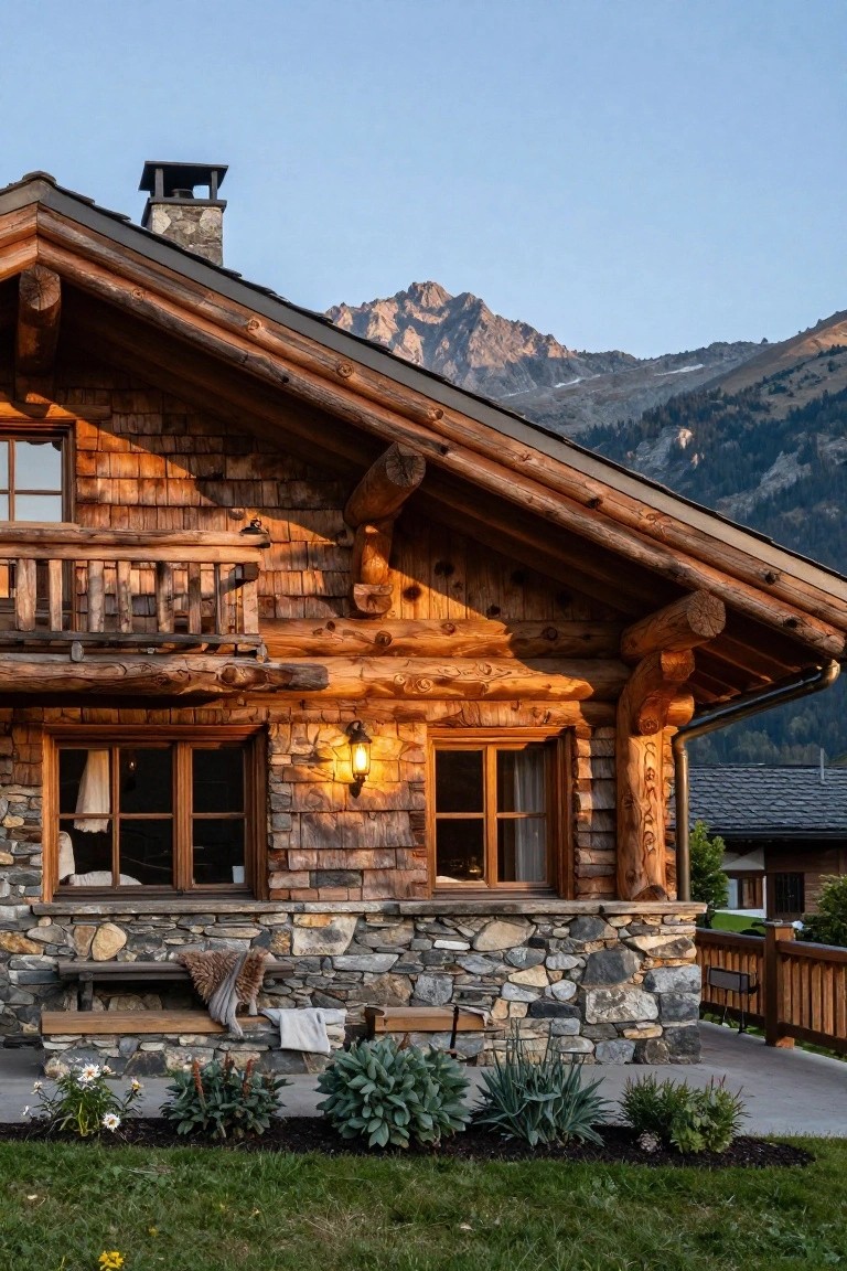 Wooden chalet exterior with exposed timber beams, shingled walls, stone base, balcony, bench with blankets, lantern light, plants, and mountain backdrop at dusk.