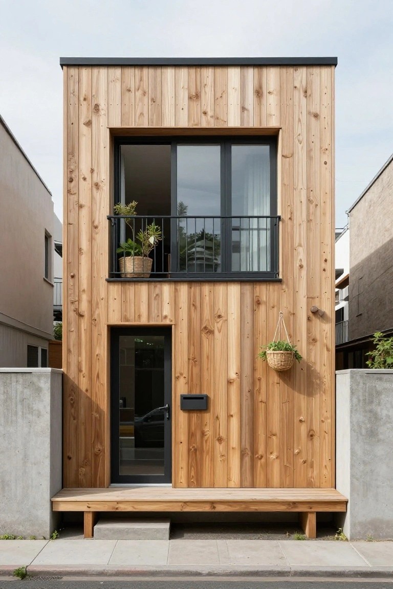 Narrow three-story modern house with vertical light timber cladding, black-framed upper windows and balcony with potted plants, ground-level glass door, mailbox, hanging basket, wooden deck, concrete side walls, and adjacent buildings on a paved street.