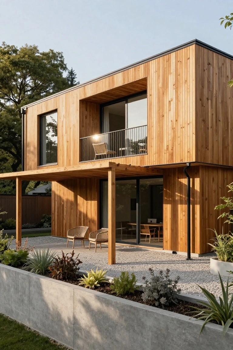 Two-story modern house clad in vertical wooden planks with a balcony, covered terrace, sliding glass doors, wicker chairs on gravel patio, and concrete planters with agave and other plants.