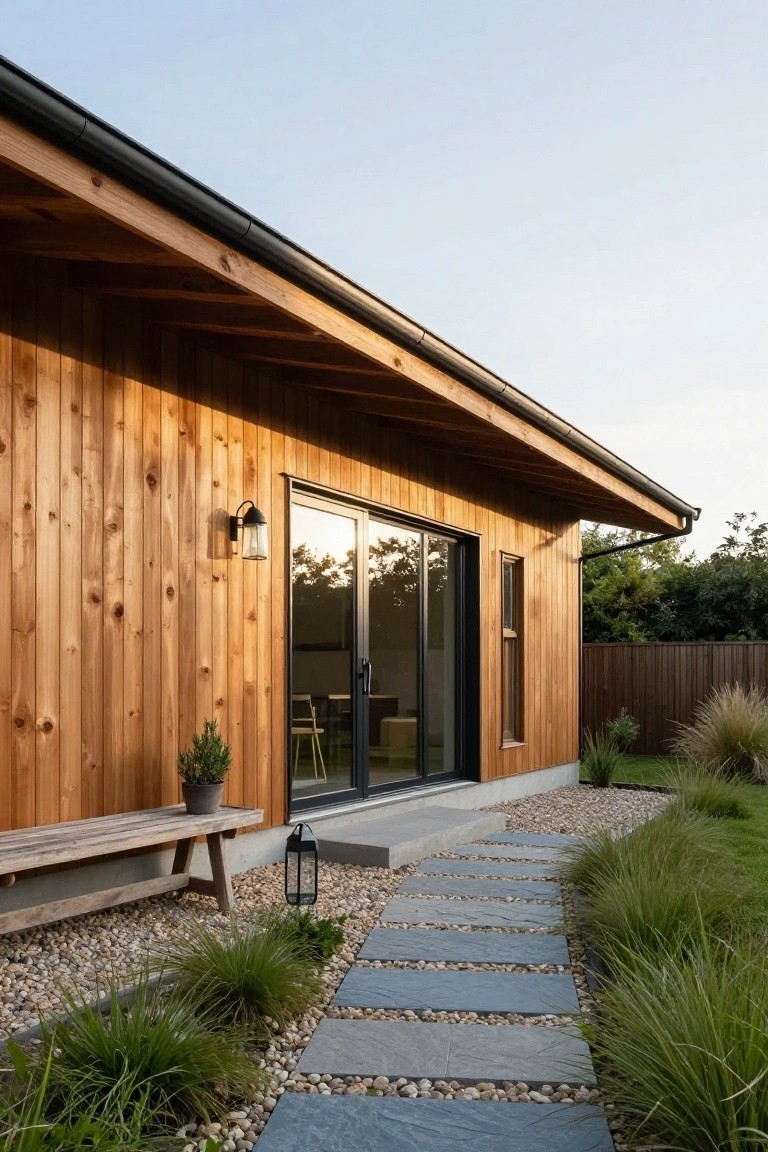 Side exterior of a modern house with vertical wooden plank cladding, black-framed sliding glass doors and window, wooden bench, potted plant, lantern, slate stepping stone path through gravel and grasses leading to concrete entry step.