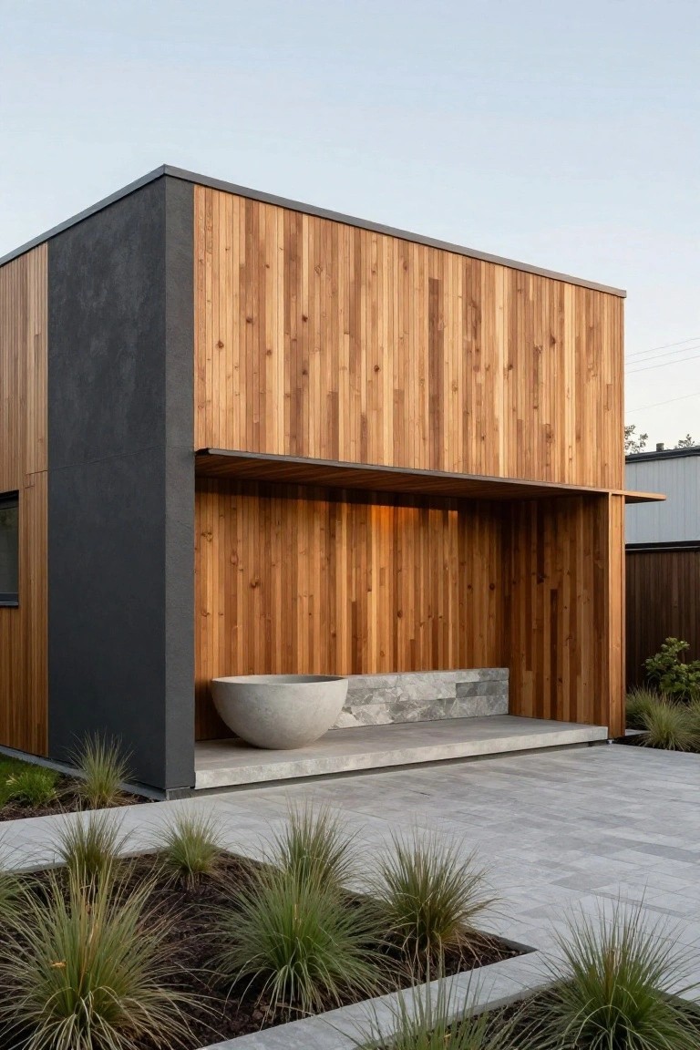 Modern house exterior with dark rendered walls on the left side and vertical light wood cladding on the right, featuring a recessed covered entry with a large round white stone basin on a light stone plinth, paved courtyard, and grasses around the base.