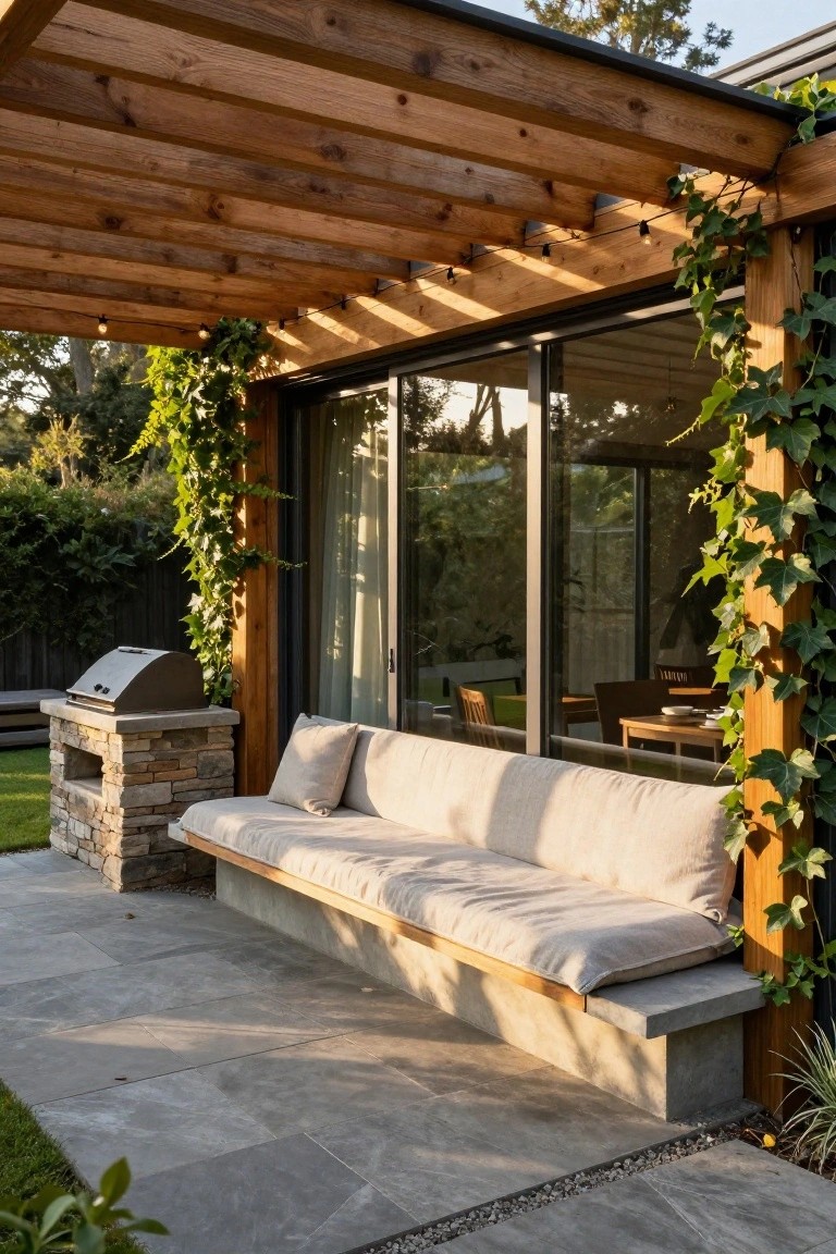 Wooden pergola with ivy-covered posts shading a long cushioned stone bench on a gray paver patio next to sliding glass doors and a built-in stone BBQ.