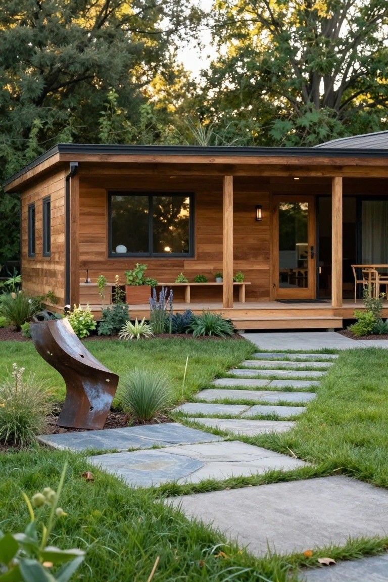 Small wooden house with horizontal plank siding, black metal roof, large windows, covered front porch supported by wooden posts, deck plants, surrounding garden, and stone path through lawn to entry door.