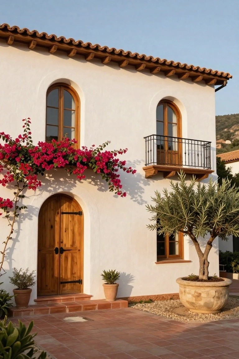 White stucco house with terracotta tile roof, arched wooden front door with black hinges, wooden-framed arched windows and balcony, pink bougainvillea vines on walls, potted olive tree, and terracotta tile entry patio.
