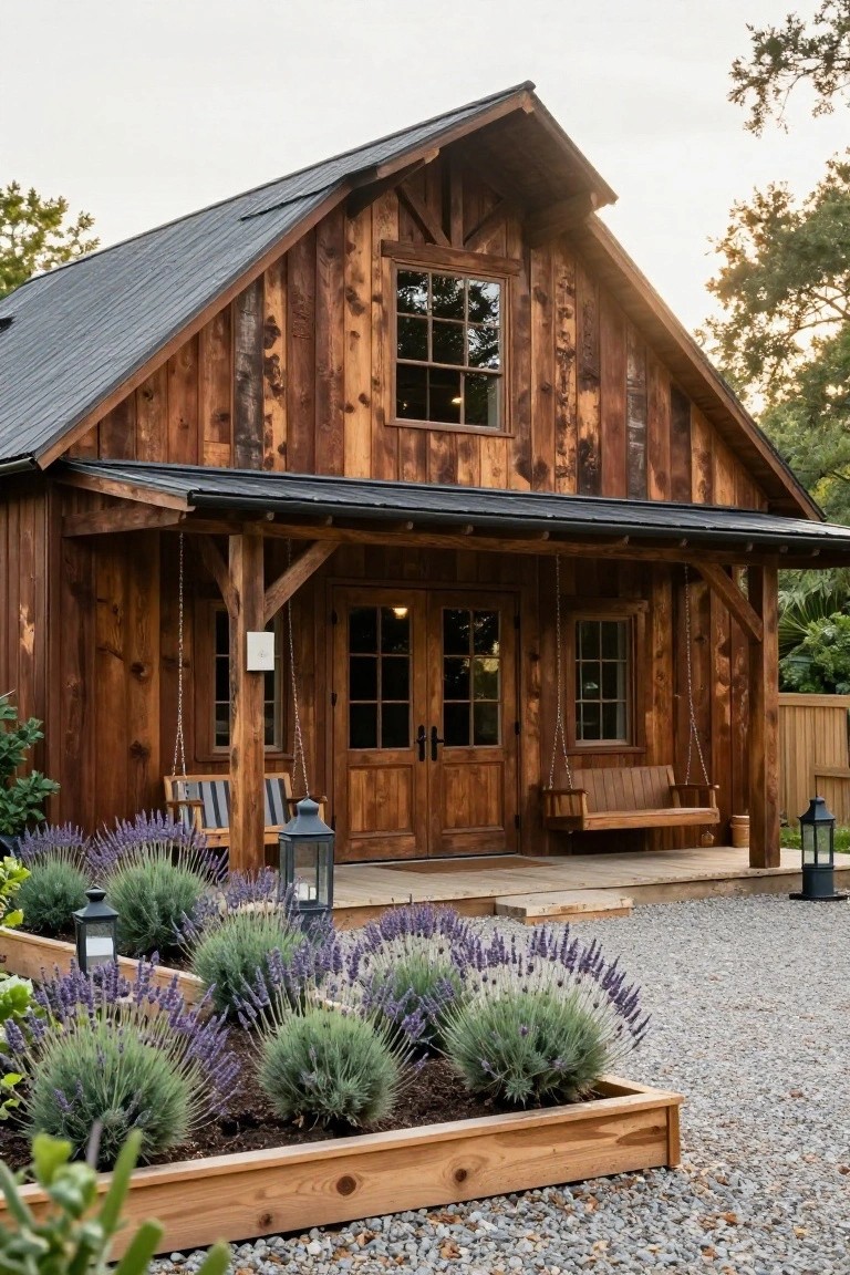 Wooden barn-style house with board-and-batten siding, dark metal gabled roof, covered porch featuring swing bench and chairs, lanterns, double doors, and lavender planters in wooden beds on gravel path.