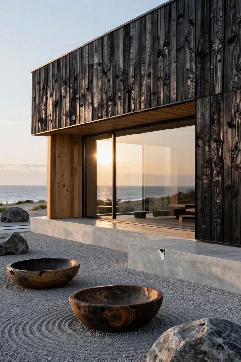 Modern house exterior with vertical black charred wood cladding, large sliding glass doors overlooking ocean, and front terrace of gray gravel with large rocks and wooden bowls.