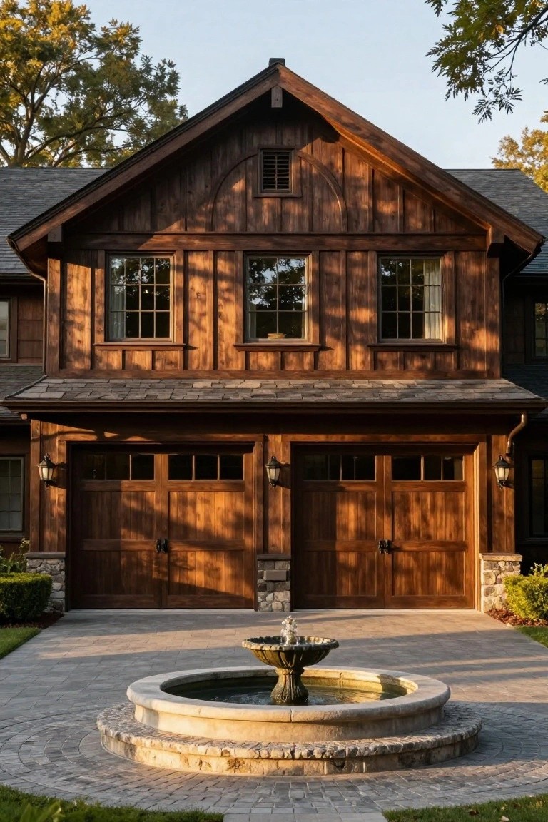 Front exterior of a two-story wooden house with dark board and batten siding, three front windows, double garage doors, wall lanterns, a circular stone fountain in the paver driveway, and low landscaping with shrubs and trees.
