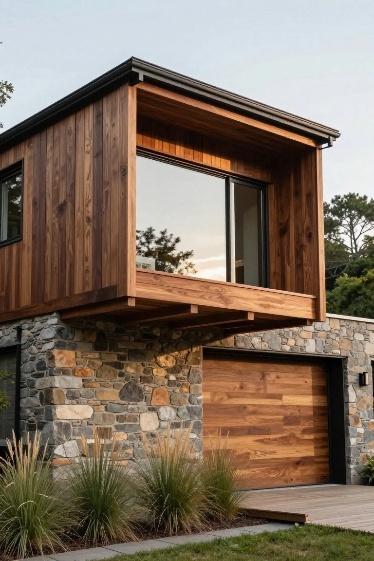 Modern two-story house exterior with vertical dark wood cladding on a cantilevered upper level featuring a large glass window and balcony, over a lower stone wall and wooden garage door, flanked by tall grasses and trees.