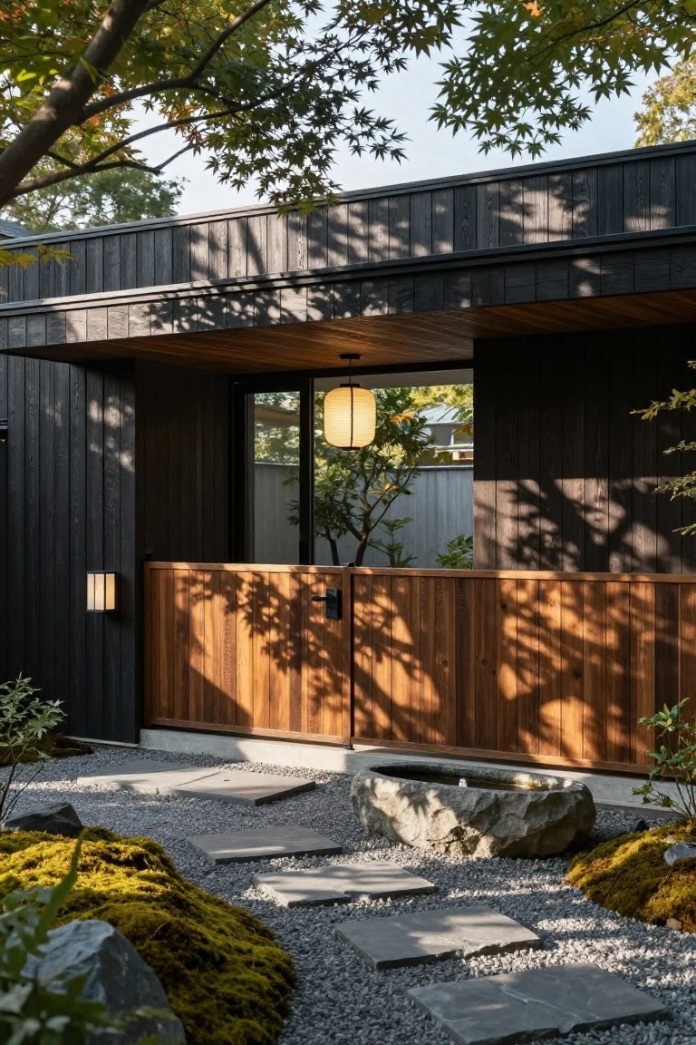 Modern house exterior with vertical dark wood cladding, warm horizontal cedar gate and fence, hanging paper lantern, and gravel path garden with rocks and moss in foreground.