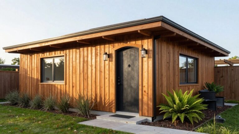 Wooden house exterior with vertical cedar plank siding, black front door and window frames, matching black wall sconces, potted fern plant beside the door, stone paver pathway, and grass landscaping.