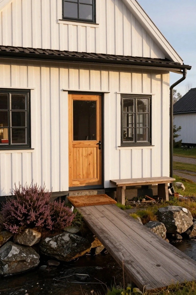 White vertical board house with black-framed windows and natural wood front door, accessed by a wooden bridge over a shallow stream amid rocks and purple heather shrubs.