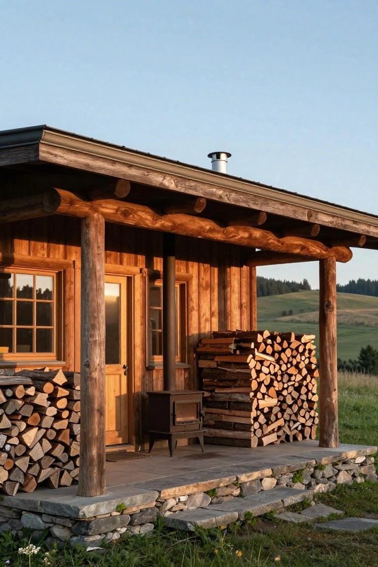 Wooden log cabin with covered porch supported by round log posts, firewood stacks flanking the entry door and steps, small wood stove on porch, stone base, and grassy hillside background.