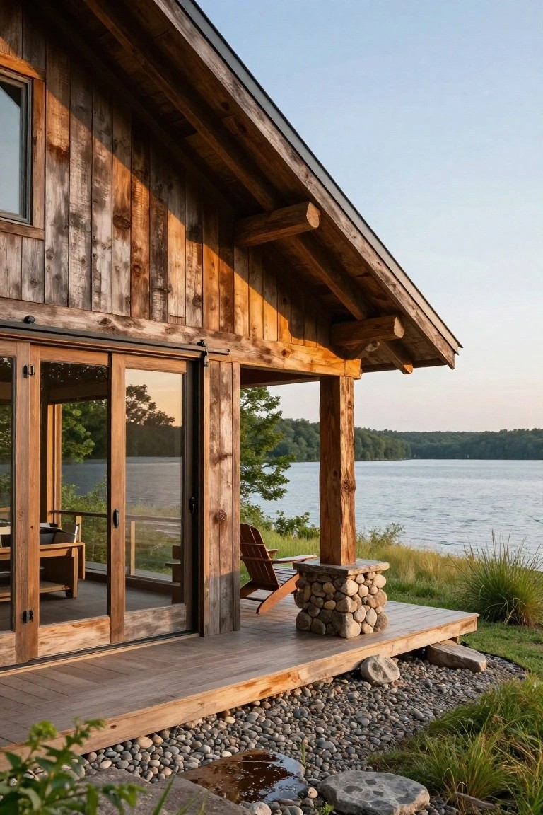 Side view of a wooden cabin with weathered plank siding, exposed timber beams and posts supporting an overhanging roof and deck, large sliding glass doors opening to a lake view, Adirondack chair on the deck, and rock landscaping at the base.