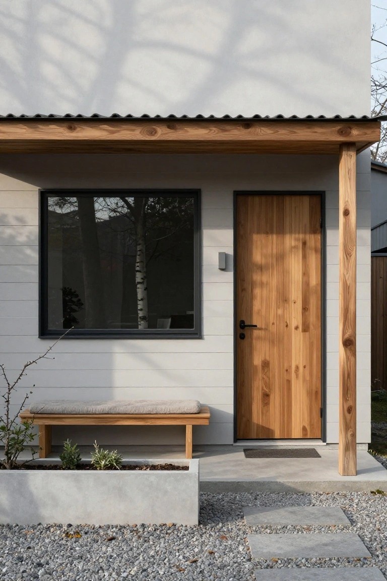 Front view of a white-sided modern house with a wooden entry door under a covered porch supported by timber posts, a wooden bench, concrete planter with greenery, and a gravel area with stone steps.