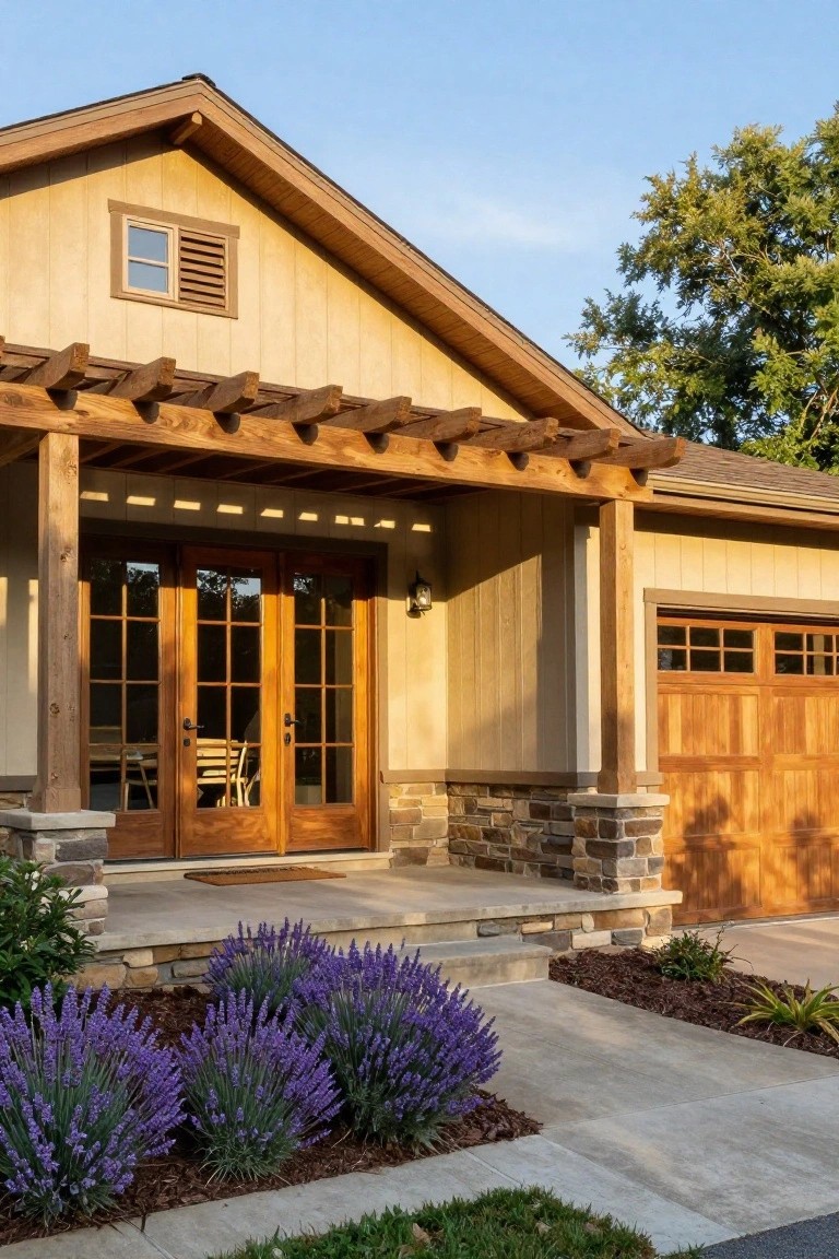 Front exterior of a single-story house with tan vertical wood siding, dark timber pergola covering the porch, three wooden French doors, stone pillars and accents, beige concrete path, wooden garage door, and clusters of purple lavender plants beside the entry.