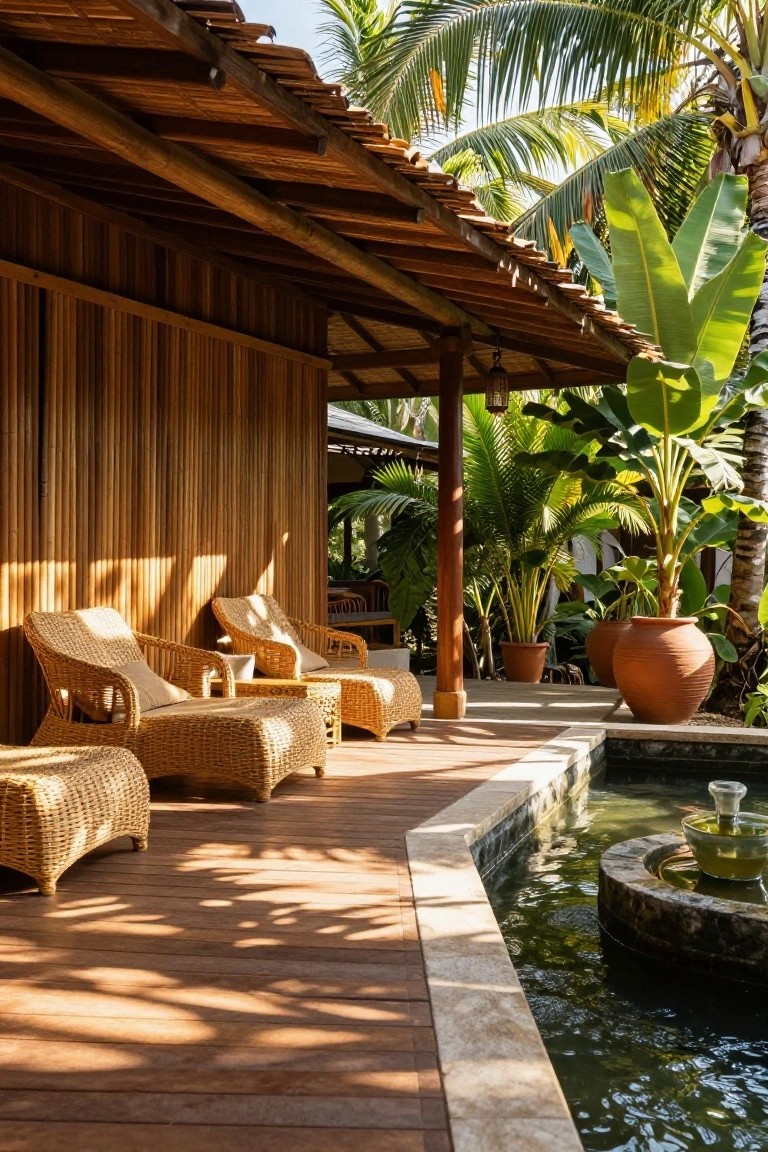Covered wooden porch with bamboo walls featuring wicker lounge chairs, ottomans, and a side table on a deck next to a small stone pond surrounded by potted tropical plants and palms.
