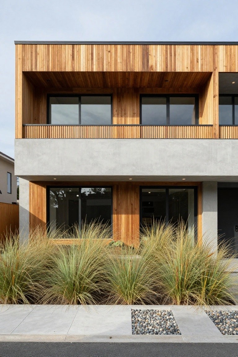 Modern two-story house exterior with vertical timber cladding on upper levels and balcony, light gray concrete base, large sliding glass windows, and clusters of tall ornamental grasses along the front sidewalk.
