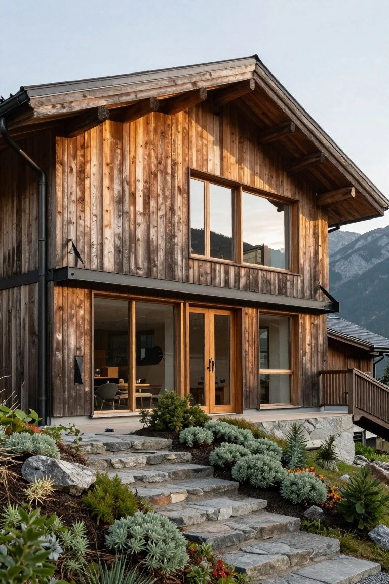 A two-story chalet-style house with vertical weathered wooden plank siding, large glass windows and double doors at the front entrance, black metal accents, stone steps with surrounding plants and rocks, and mountains in the background.