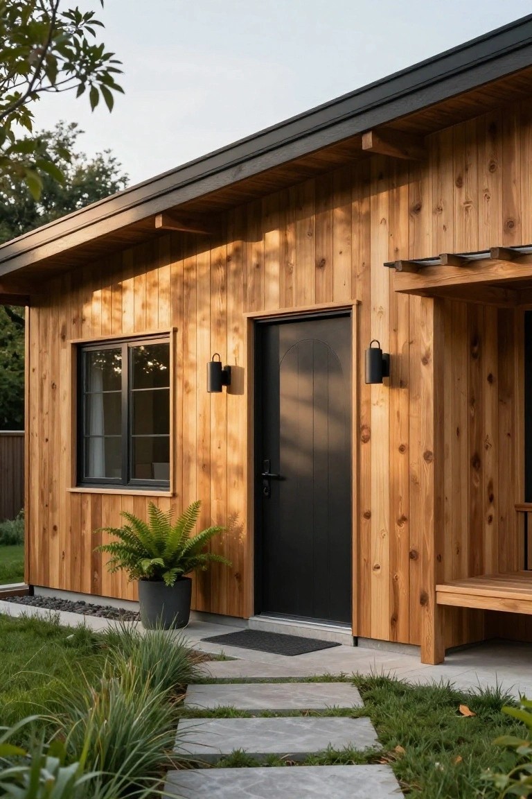 Wooden house exterior with vertical cedar plank siding, black front door and window frames, matching black wall sconces, potted fern plant beside the door, stone paver pathway, and grass landscaping.