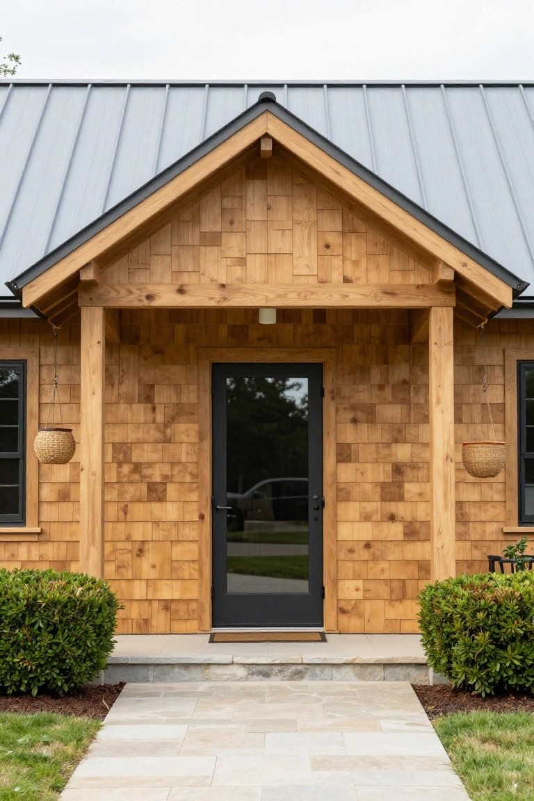 Front facade of a house featuring horizontal cedar shingle siding, gray standing-seam metal gable roof, covered porch with timber posts and black glass door, hanging basket planters, flanking boxwood shrubs, and a pale stone pathway.