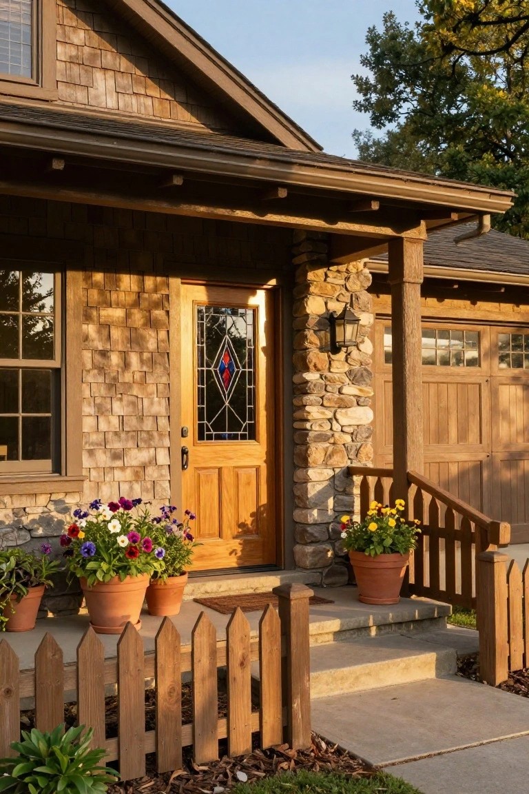 Front exterior of a house with brown wooden shingle siding, wooden front door featuring stained glass, stone pillar beside the door, potted flowers on porch steps, wooden garage door, small wooden picket fence, and hostas in yard during golden hour light.