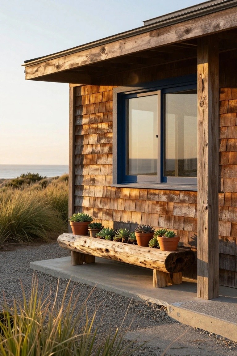 Corner view of a wood shingle house exterior featuring a blue sliding window, wood support post, log bench with terracotta pots of succulents, gravel pad, dune grasses, and ocean horizon at sunset.