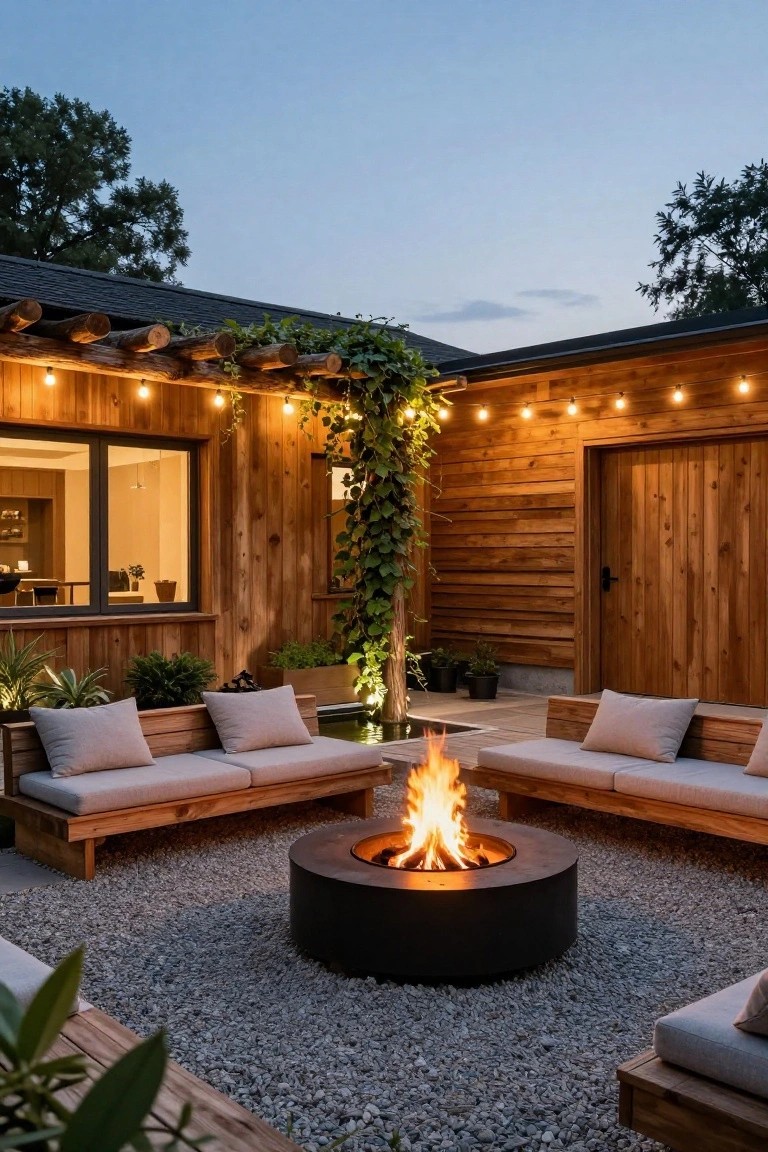 Cozy backyard patio with fire pit, wooden benches, string lights, and climbing vines.