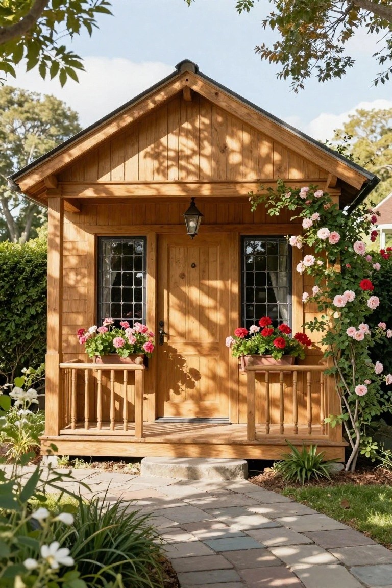 Small wooden cabin with gabled roof, covered porch featuring a central door flanked by leaded glass windows with flower boxes of pink geraniums, pink climbing roses on the right side, lantern light above door, stone path, and surrounding garden plants.