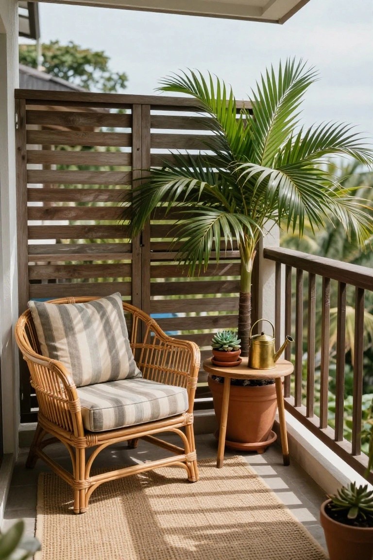 Rattan armchair with gray striped cushions on a seagrass rug on a balcony, next to a round wooden table with potted succulent plant and gold watering can, wooden slatted privacy screens, potted palm tree, and tropical landscape view.