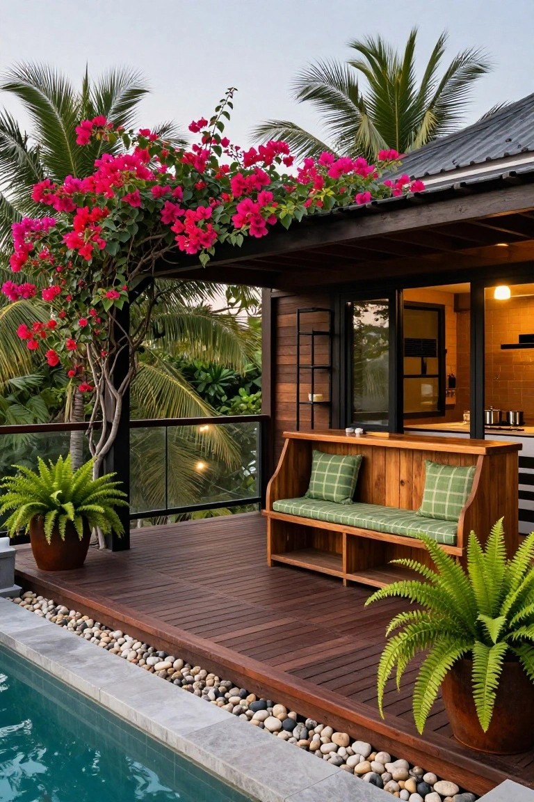 Wooden built-in bench with green checkered cushions and shelves on a deck next to a pebble-edged pool, framed by bougainvillea vines on black metal supports and potted ferns, with glass doors showing an indoor kitchen.
