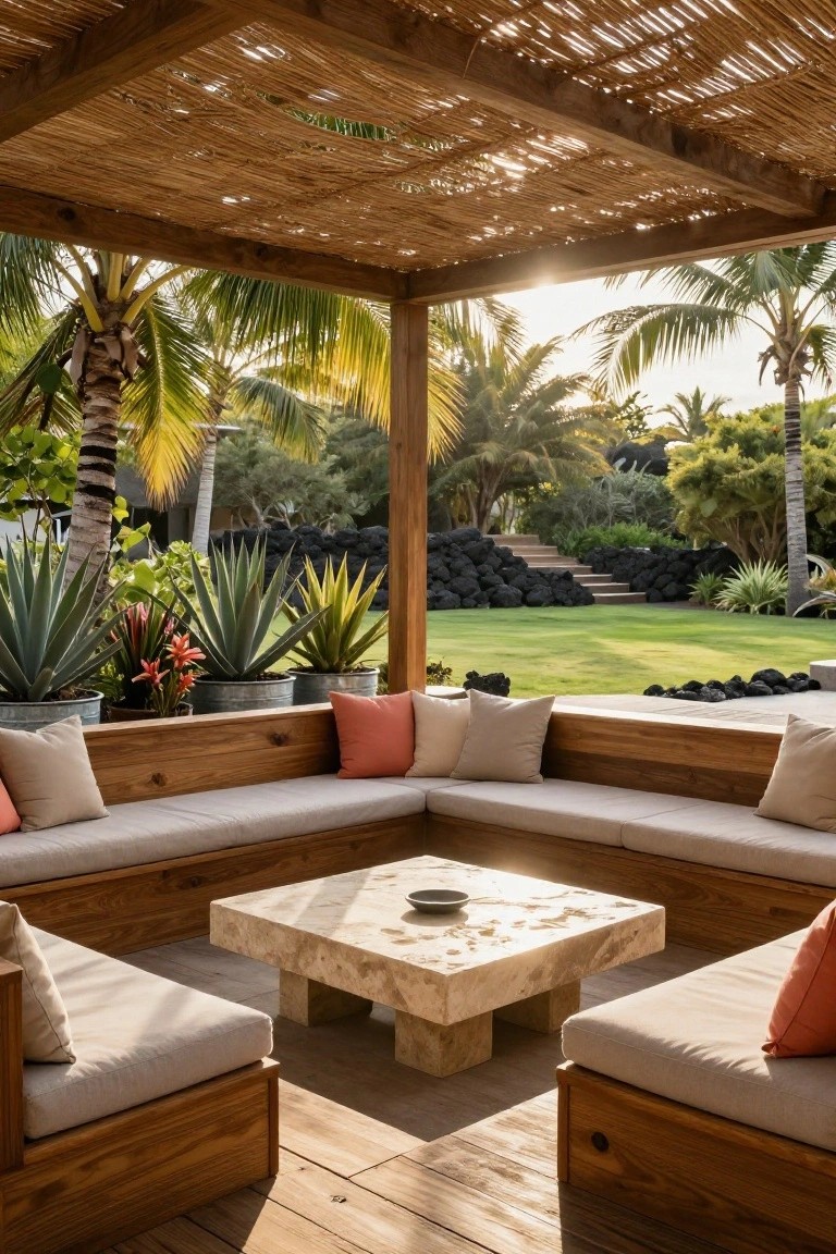 Wooden built-in benches with beige and orange cushions arranged in an L-shape around a low white stone table in an open-air pavilion with thatched roof, surrounded by potted plants, palm trees, and a green lawn.