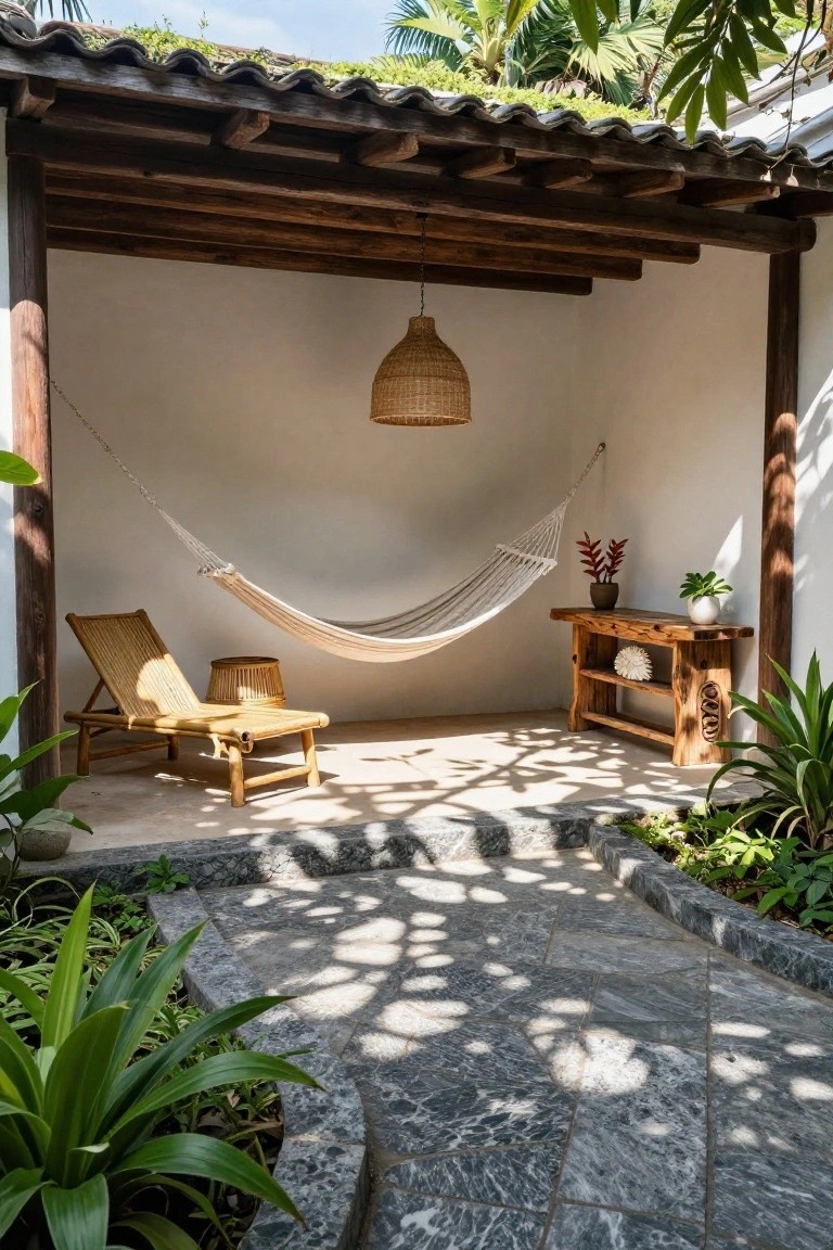Open-air covered porch featuring a white hammock, bamboo lounge chair, wooden side table with plants, potted greenery, and tropical plants around a stone path under a wooden roof with terracotta tiles.