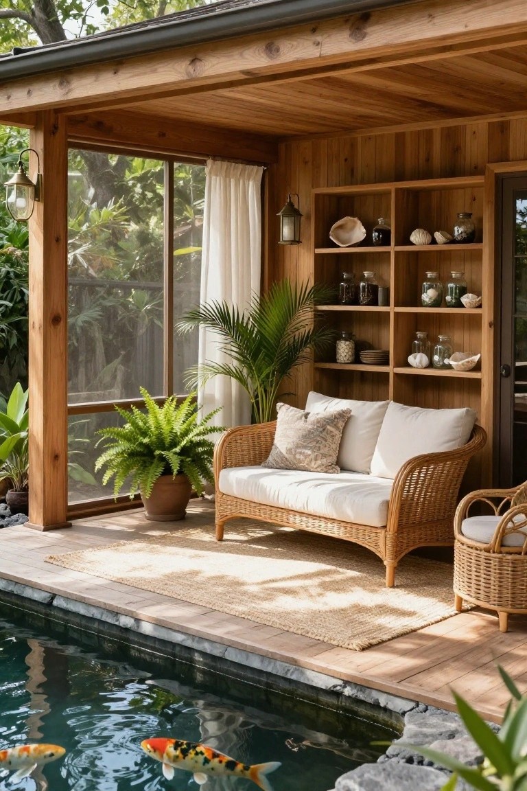 Wooden covered porch featuring a white-cushioned rattan loveseat, potted ferns and palms, built-in wooden shelves with glass jars and seashells, and an adjacent koi pond with rocks.