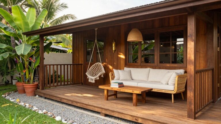 Wooden porch deck with rattan sofa piled with white cushions, low wooden coffee table holding books, hanging macrame swing chair, potted tropical plants, and adjacent grass edged with pebbles.