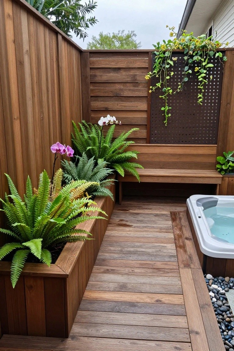 Wooden deck with planter boxes filled with ferns, orchids, and tropical plants lining a path to a white hot tub, wooden bench nearby, and privacy fences.