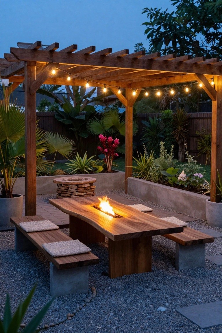 Wooden pergola shelters a live-edge dining table with linear gas fire pit and matching benches on a gravel patio surrounded by plants and raised beds.
